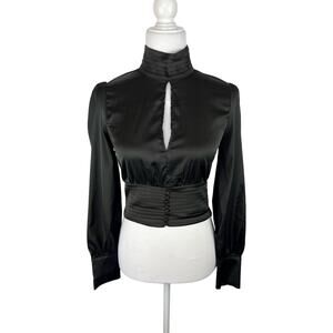 Leche Black Satin High Neck Scalloped Keyhole Top NWT
